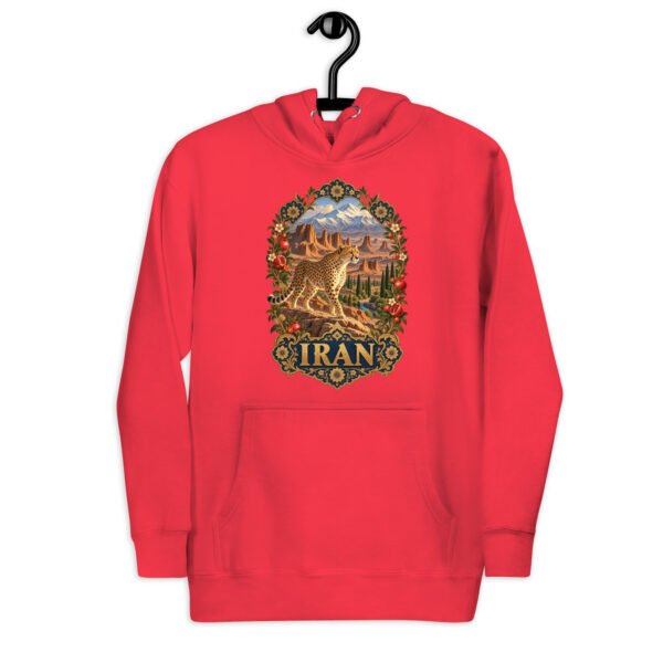 Red Iranian Cheetah unisex hoodie with Iranian cheetah in a desert canyon design, front view