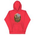 Red Persian Garden Iran unisex hoodie with ancient Persian columns before snowy mountains design, front view