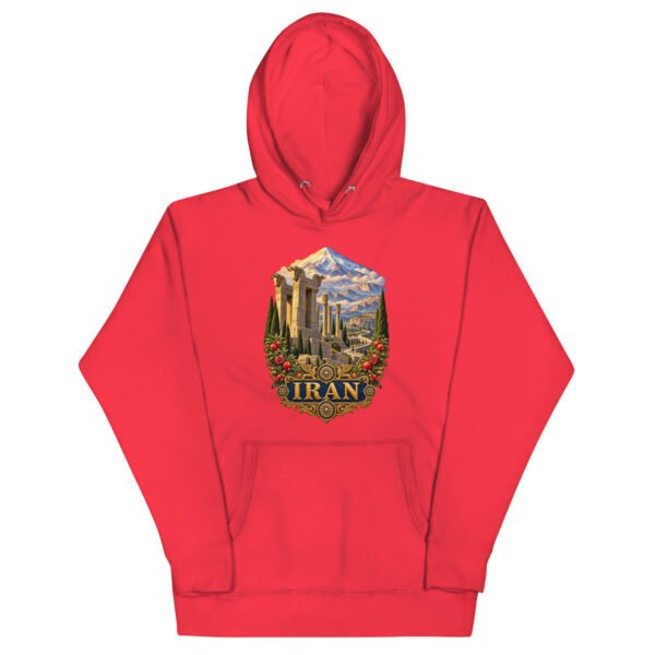 Red Persian Garden Iran unisex hoodie with ancient Persian columns before snowy mountains design, front view