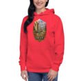 Red Persian Garden Iran unisex hoodie with ancient Persian columns before snowy mountains design, front view