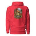 Red Silk Road Iran unisex hoodie with Iranian horse in the mountains design, front view