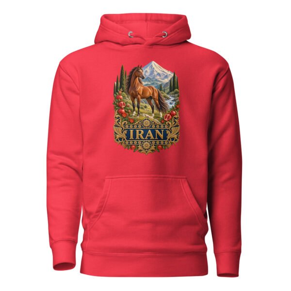 Red Silk Road Iran unisex hoodie with Iranian horse in the mountains design, front view