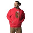 Red Silk Road Iran unisex hoodie with Iranian horse in the mountains design, front view