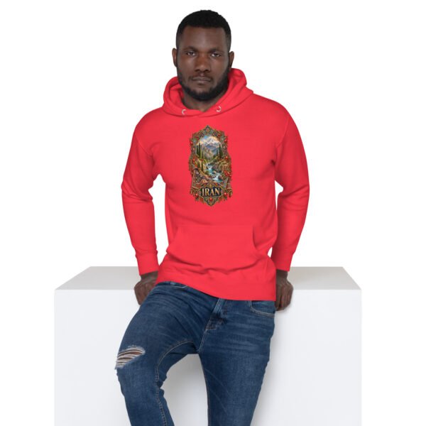 Red Simurgh Iran unisex hoodie with mountain valley with a stream, cypress trees and pomegranates design, front view