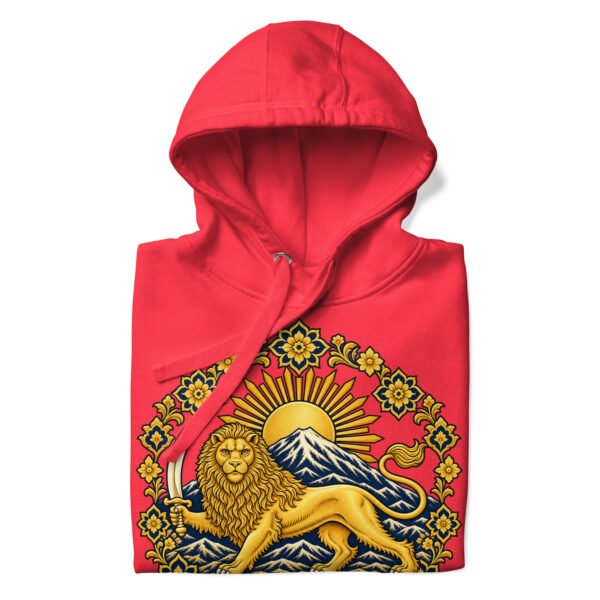 Red Lion and Sun Damavand unisex hoodie, front with golden Lion and Sun with Mount Damavand design