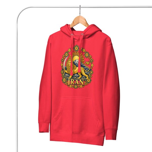 Red Lion and Sun Damavand unisex hoodie, front with golden Lion and Sun with Mount Damavand design
