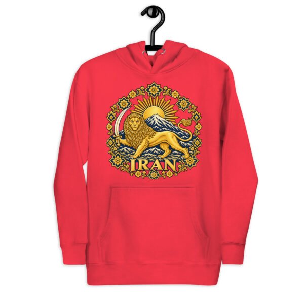 Red Lion and Sun Map of Iran unisex hoodie, front with Lion and Sun medallion design