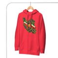 Red Iran Lion and Sun Flag unisex hoodie, front with map of Iran with tricolor ribbon and Lion and Sun design