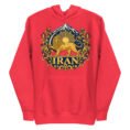 Red Lion and Sun Flag unisex hoodie, front with golden Lion and Sun crest with Damavand design