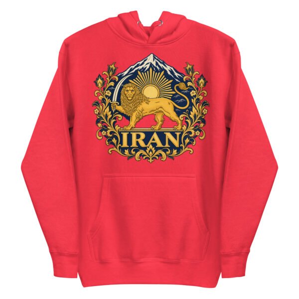 Red Lion and Sun Flag unisex hoodie, front with golden Lion and Sun crest with Damavand design