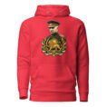 Red Reza Shah Lion and Sun unisex hoodie, front with Reza Shah portrait with Lion and Sun crest design