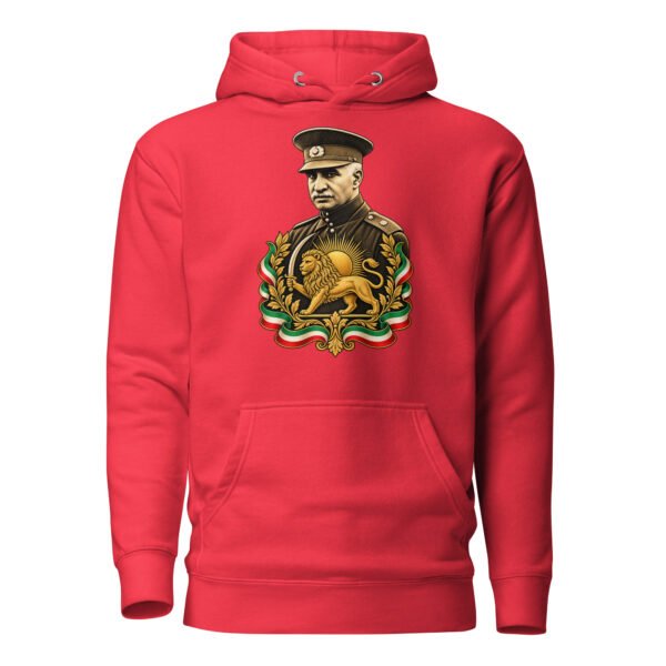 Red Reza Shah Lion and Sun unisex hoodie, front with Reza Shah portrait with Lion and Sun crest design