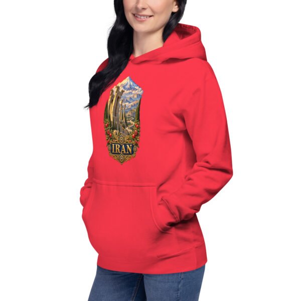 Red Persian Garden Iran unisex hoodie with ancient Persian columns before snowy mountains design, front view