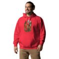 Red Silk Road Iran unisex hoodie with Iranian horse in the mountains design, front view