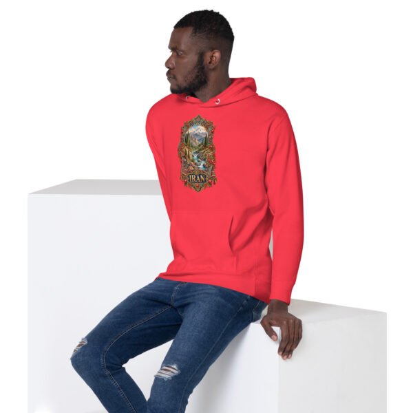 Red Simurgh Iran unisex hoodie with mountain valley with a stream, cypress trees and pomegranates design, front view