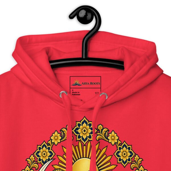 Red Lion and Sun Map of Iran unisex hoodie, front with Lion and Sun medallion design