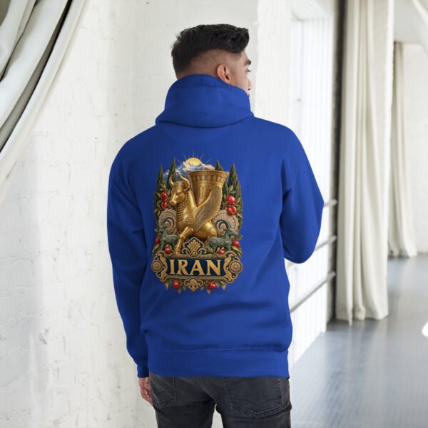 unisex-premium-pullover-hoodie-team-royal-back-6acb94f83cc65.jpg Royal Gate of All Nations Iran unisex hoodie, back view with golden Achaemenid winged rhyton with ibex design