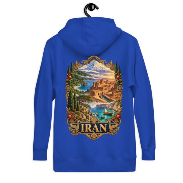 Royal Iranian Cheetah unisex hoodie, back view with Iran’s landscapes from Mount Damavand to the Persian Gulf design