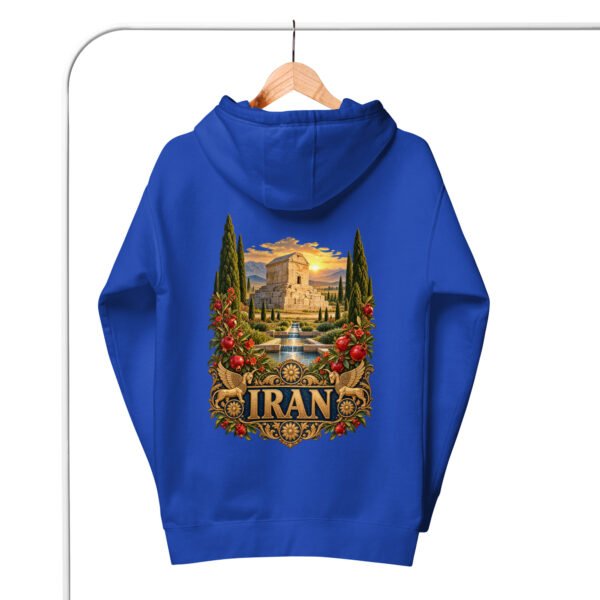 Royal Tomb of Cyrus Iran unisex hoodie, back view with Tomb of Cyrus the Great at Pasargadae at sunset design