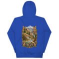 Royal Persian Garden Iran unisex hoodie, back view with Persian garden with flowing water channels and arches design