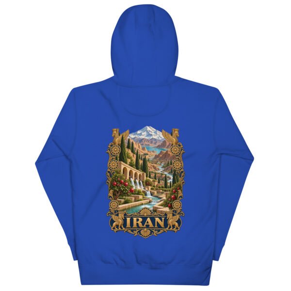Royal Persian Garden Iran unisex hoodie, back view with Persian garden with flowing water channels and arches design