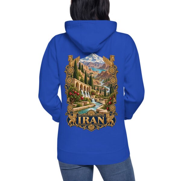 Royal Persian Garden Iran unisex hoodie, back view with Persian garden with flowing water channels and arches design