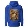 Royal Silk Road Iran unisex hoodie, back view with Persian caravanserai and camel caravan on the Silk Road design