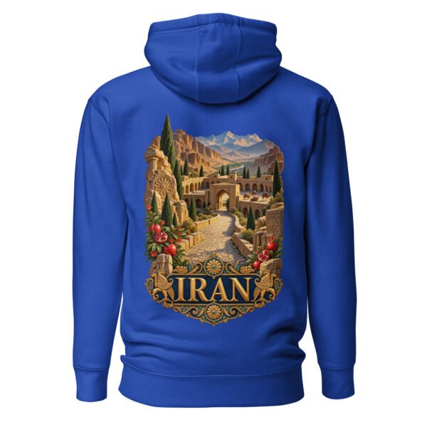 Royal Silk Road Iran unisex hoodie, back view with Persian caravanserai and camel caravan on the Silk Road design