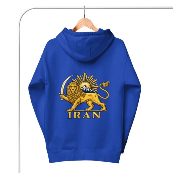 Royal Lion and Sun Damavand unisex hoodie, back view with Lion and Sun emblem and IRAN design