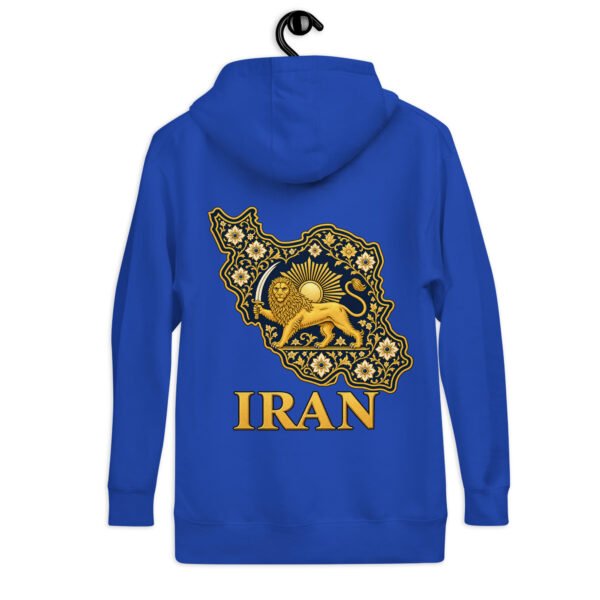Royal Lion and Sun Map of Iran unisex hoodie, back view with map of Iran with Persian tilework and Lion and Sun design