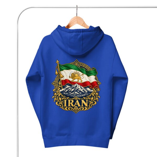 unisex-premium-pullover-hoodie-team-royal-back-6acba6c36fd6d.jpg Royal Iran Lion and Sun Flag unisex hoodie, back view with Lion and Sun flag over Mount Damavand design