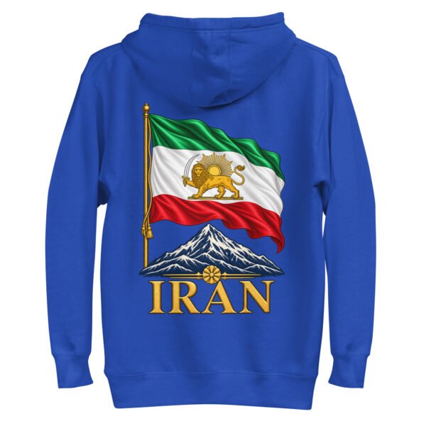 Royal Lion and Sun Flag unisex hoodie, back view with waving Lion and Sun flag over Mount Damavand design