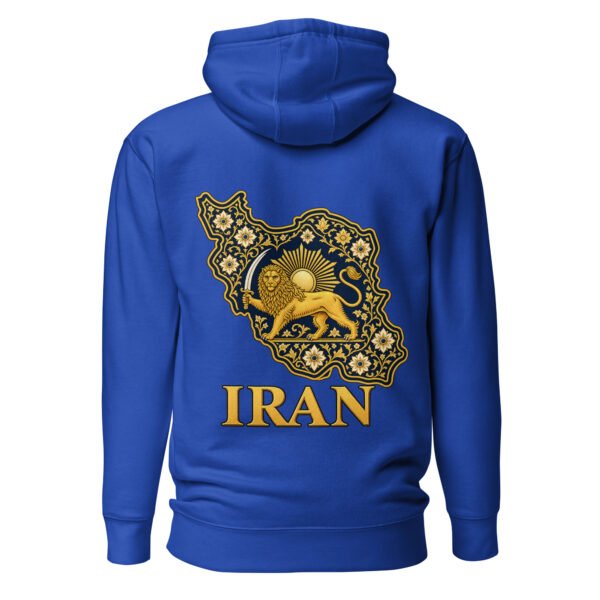 Royal Reza Shah Lion and Sun unisex hoodie, back view with map of Iran with Persian tilework and Lion and Sun design