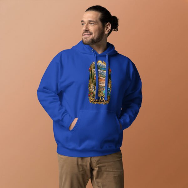 Royal Tomb of Cyrus Iran unisex hoodie with panorama of Iran’s mountains, lakes, deserts and sea design, front view
