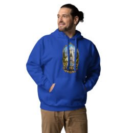 Royal Tehran unisex hoodie with Azadi Tower and Mount Damavand design, front view
