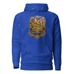 Royal North Khorasan unisex hoodie with historic citadel of Shirvan and vineyards design, front view