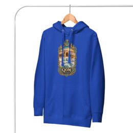Royal Qom unisex hoodie with Deir-e Gachin caravanserai in the desert design, front view
