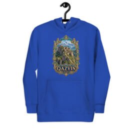 Royal Qazvin unisex hoodie with Alamut Castle on its rocky Alborz cliff design, front view