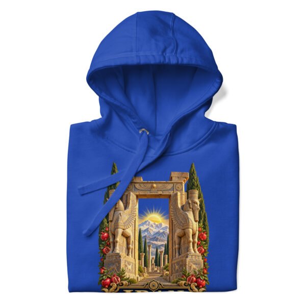 unisex-premium-pullover-hoodie-team-royal-front-6acb94f83b25d.jpg Royal Gate of All Nations Iran unisex hoodie with Gate of All Nations with winged Lamassu guardians and rising sun design, front view