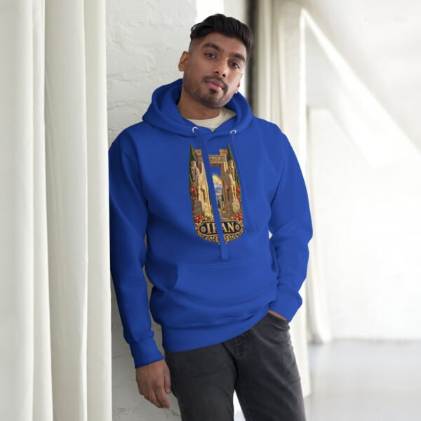 unisex-premium-pullover-hoodie-team-royal-front-6acb94f83bf5b.jpg Royal Gate of All Nations Iran unisex hoodie with Gate of All Nations with winged Lamassu guardians and rising sun design, front view