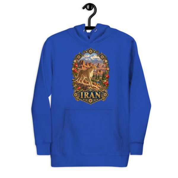Royal Iranian Cheetah unisex hoodie with Iranian cheetah in a desert canyon design, front view