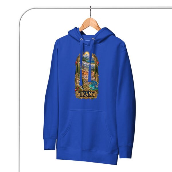 Royal Tomb of Cyrus Iran unisex hoodie with panorama of Iran’s mountains, lakes, deserts and sea design, front view