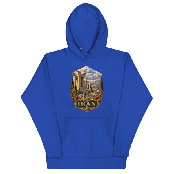 Royal Persian Garden Iran unisex hoodie with ancient Persian columns before snowy mountains design, front view