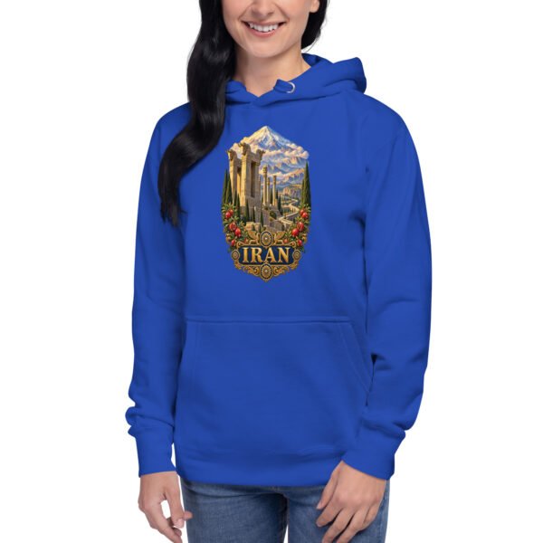 Royal Persian Garden Iran unisex hoodie with ancient Persian columns before snowy mountains design, front view