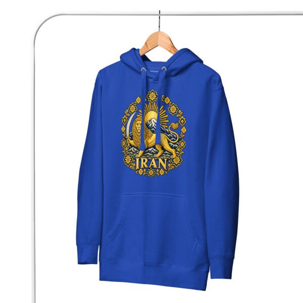 Royal Lion and Sun Damavand unisex hoodie, front with golden Lion and Sun with Mount Damavand design