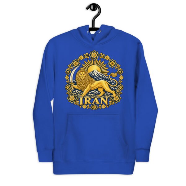 Royal Lion and Sun Map of Iran unisex hoodie, front with Lion and Sun medallion design