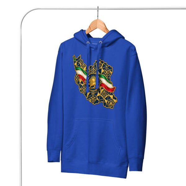 unisex-premium-pullover-hoodie-team-royal-front-6acba6c36bd91.jpg Royal Iran Lion and Sun Flag unisex hoodie, front with map of Iran with tricolor ribbon and Lion and Sun design