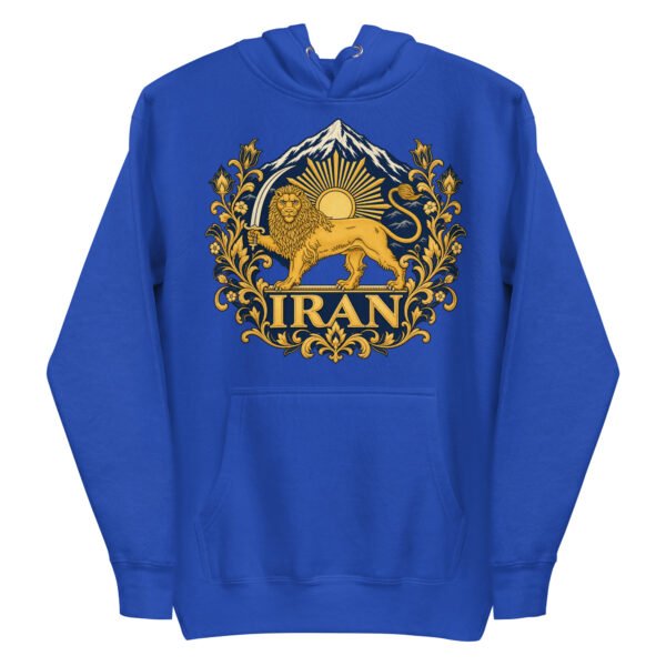 Royal Lion and Sun Flag unisex hoodie, front with golden Lion and Sun crest with Damavand design