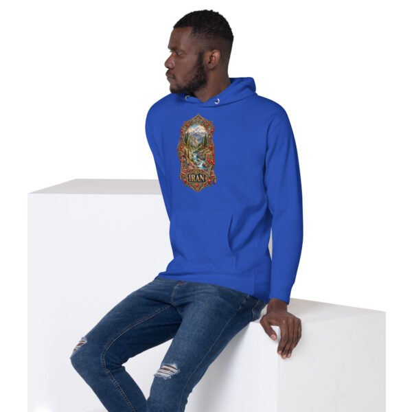 Royal Simurgh Iran unisex hoodie with mountain valley with a stream, cypress trees and pomegranates design, front view