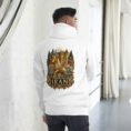 White Gate of All Nations Iran unisex hoodie, back view with golden Achaemenid winged rhyton with ibex design